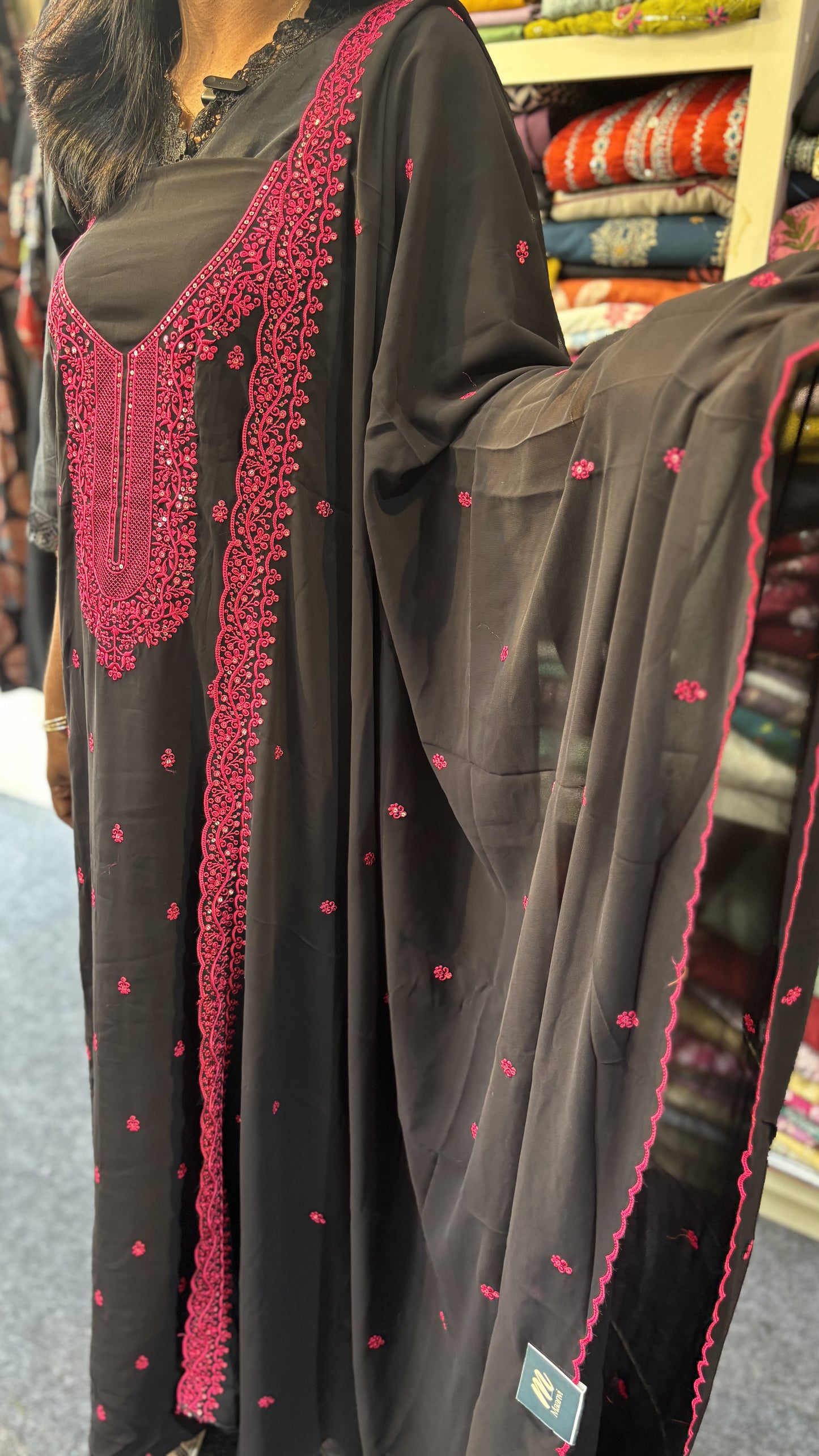 Maanvi Black & Pink Georgette Unstitched Salwar Suit with Heavy Neck Work, Sequin & Buta Work | Scallop Dupatta | MA-2100