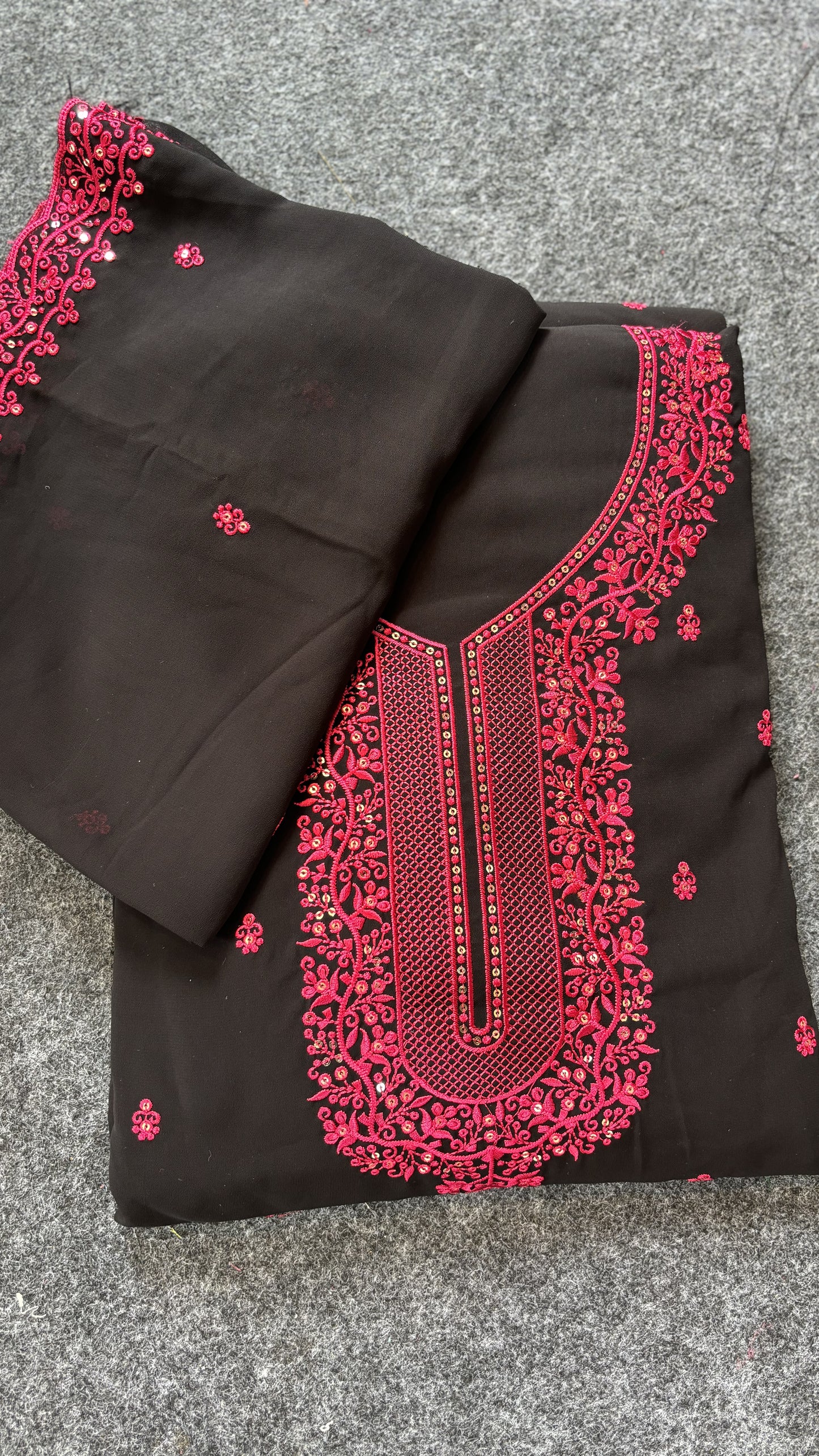 Maanvi Black & Pink Georgette Unstitched Salwar Suit with Heavy Neck Work, Sequin & Buta Work | Scallop Dupatta | MA-2100