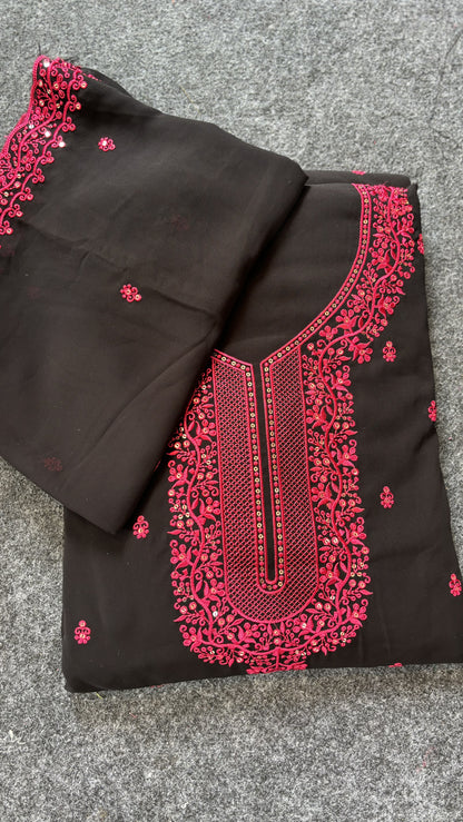 Maanvi Black & Pink Georgette Unstitched Salwar Suit with Heavy Neck Work, Sequin & Buta Work | Scallop Dupatta | MA-2100