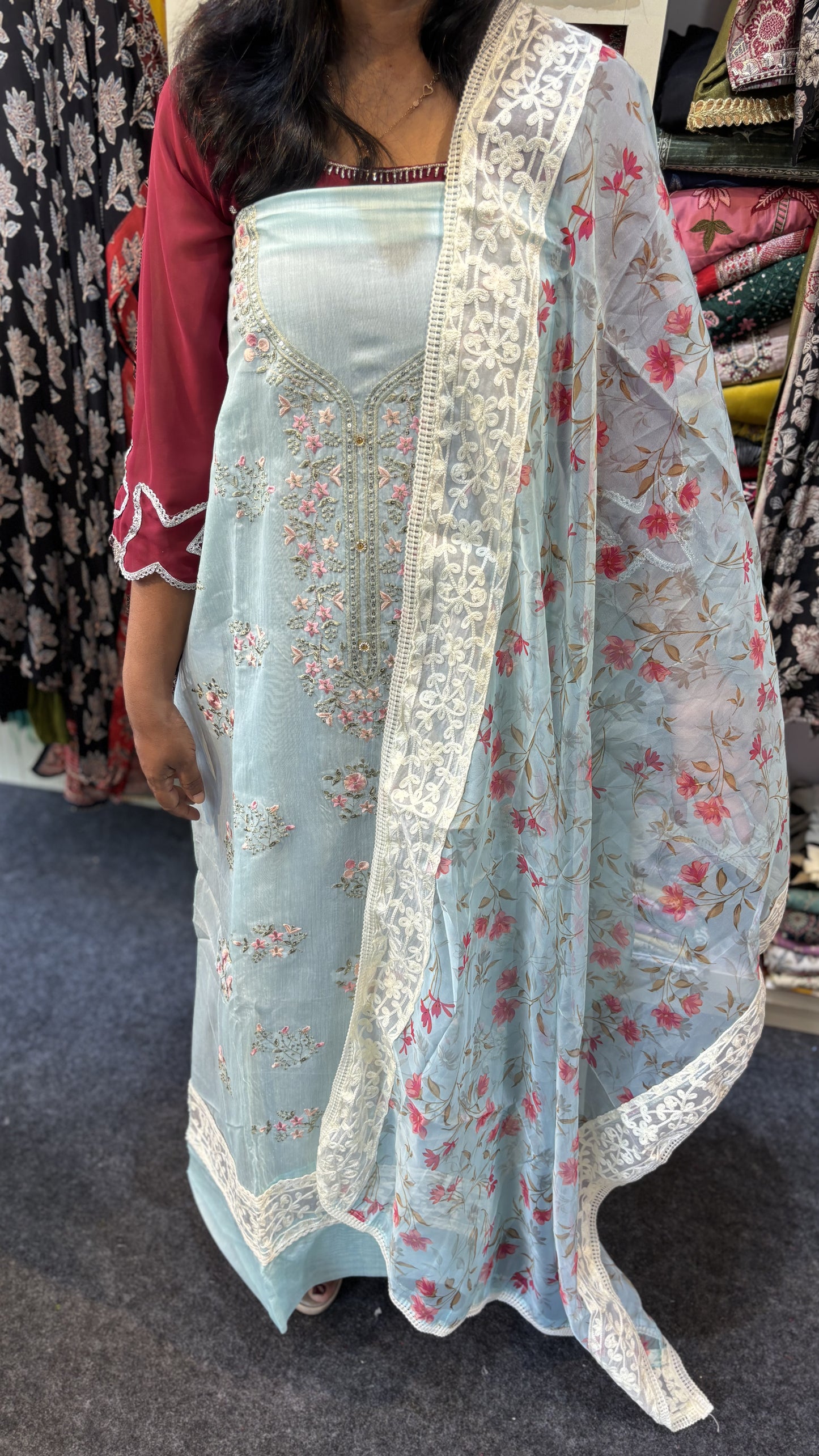 Maanvi Chanderi Unstitched 3-Piece Salwar Suit with Thread & Buta Work | Printed Dupatta | MA-2105