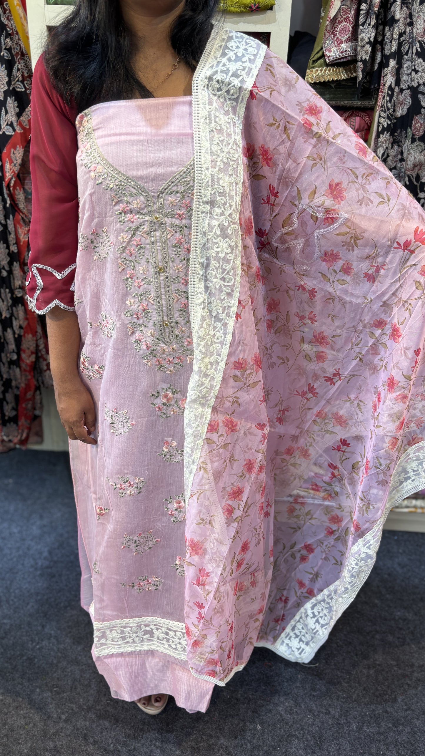 Maanvi Chanderi Unstitched 3-Piece Salwar Suit with Thread & Buta Work | Printed Dupatta | MA-2105