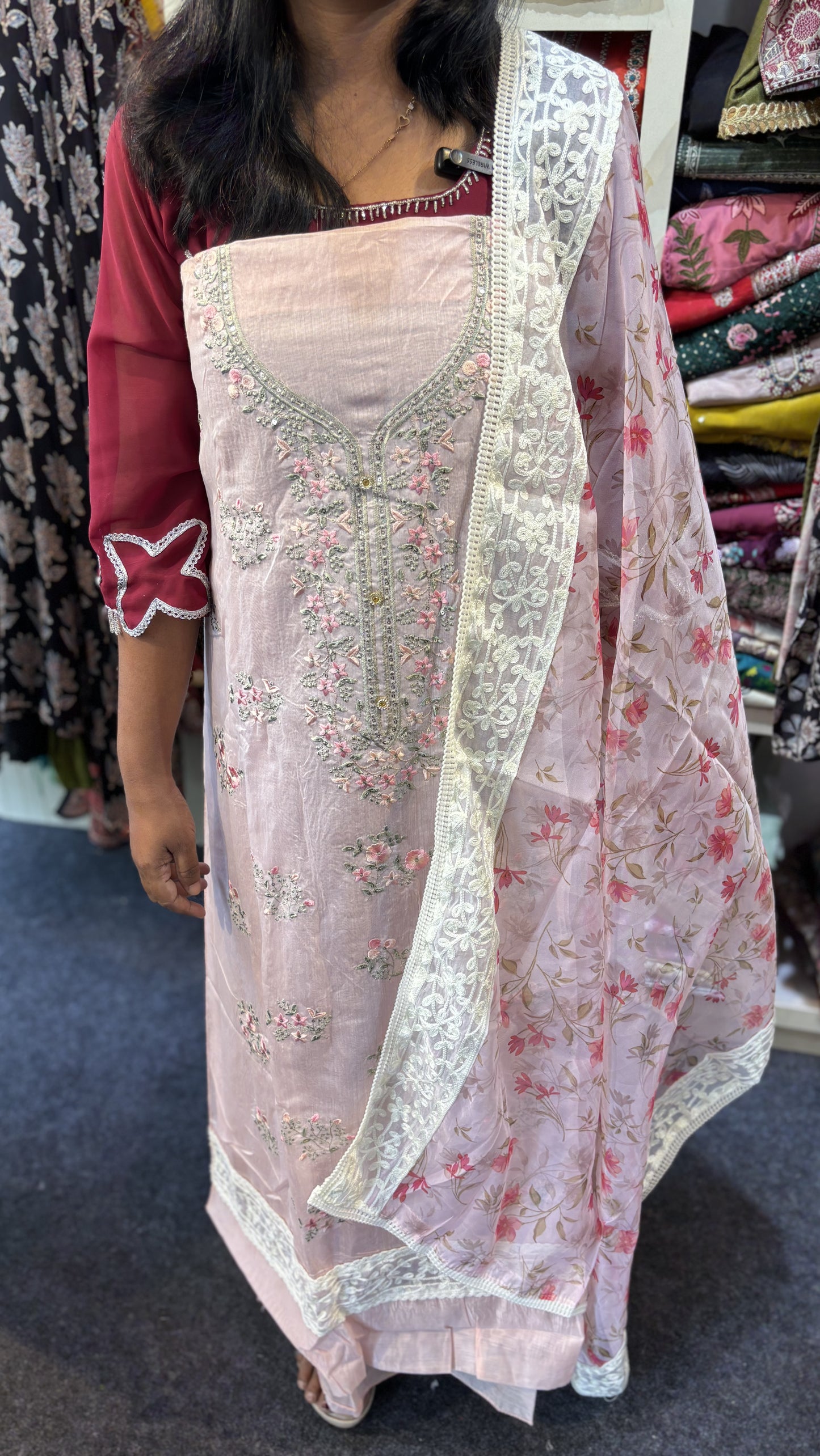 Maanvi Chanderi Unstitched 3-Piece Salwar Suit with Thread & Buta Work | Printed Dupatta | MA-2105