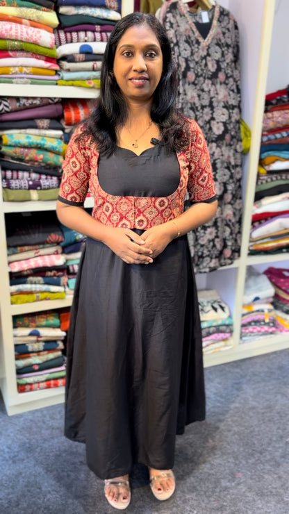 Maanvi Slub Cotton A-Line Kurti with Ajrakh Coat Style & Sequin Work | Elbow Sleeves | MA-2102