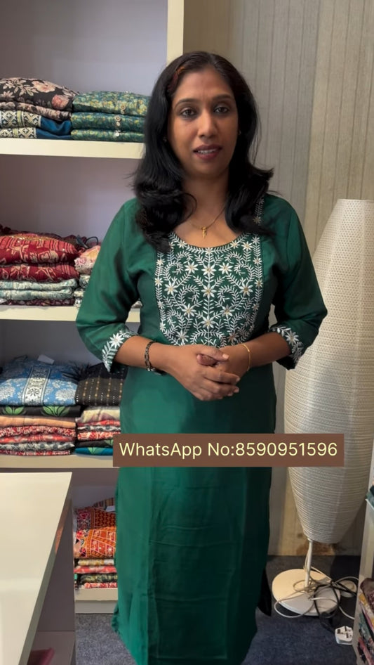 Elegant Green Vichitra silks Kurti with White Floral Embroidery – Perfect Fit & Stylish Comfort