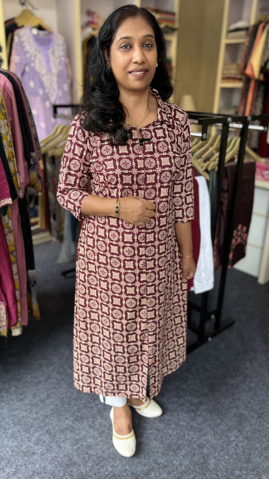 Elegant Maroon Cotton Kurti with Traditional Block Prints
