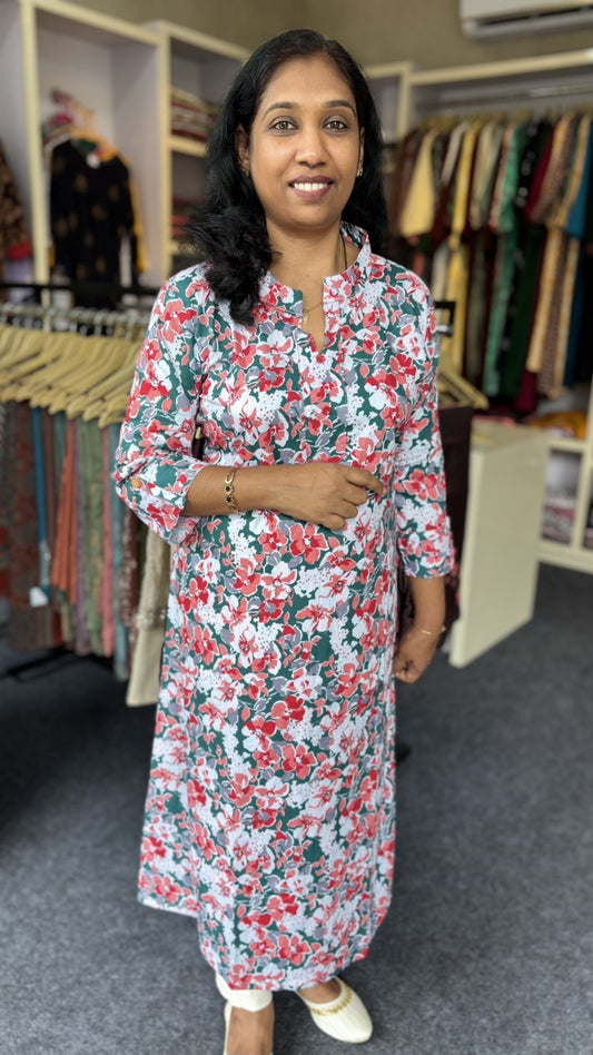 Red Floral A-line Cotton Kurti for Women