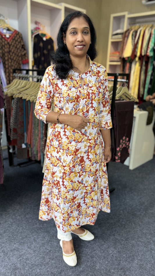 Floral Printed A-line Cotton Kurti – Mustard & Maroon | Casual Wear for Women