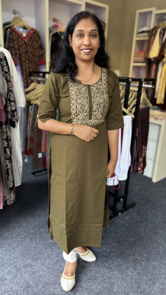 Olive Green Slited Cotton Kurti with Embroidery | Elegant Daily Wear for Women
