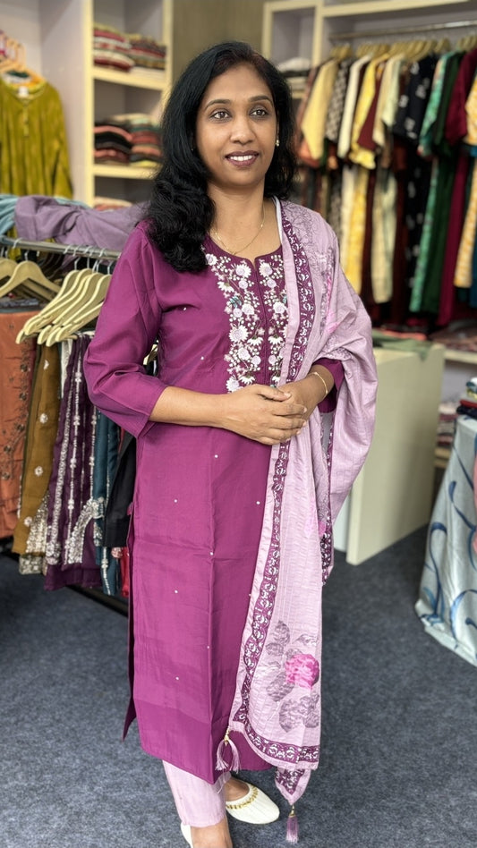 Magenta Embroidered Cotton Churidar Set with Dupatta | Festive & Ethnic Wear for Women
