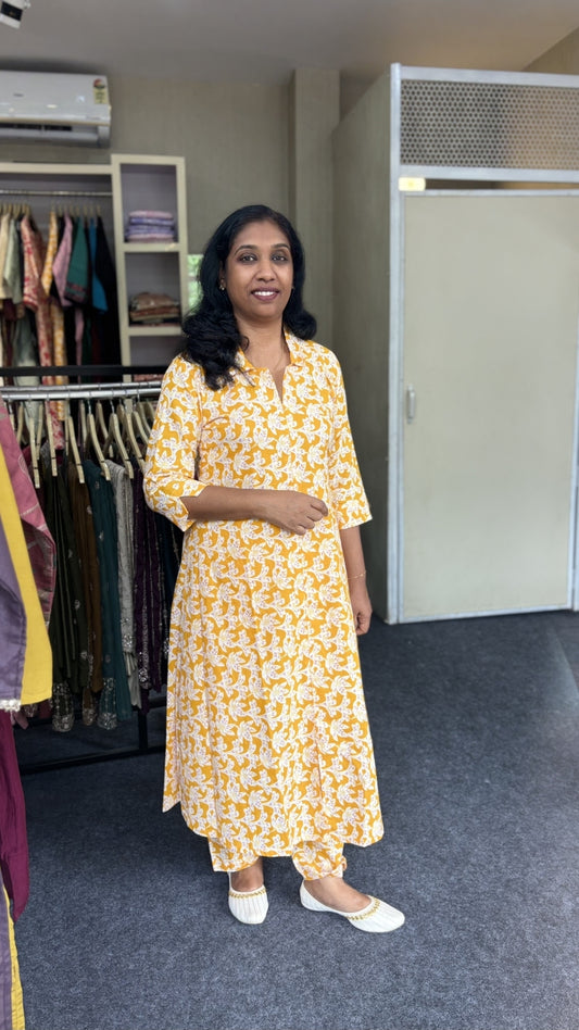 Yellow Floral Co-Ord set Cotton Kurta Set for Women – Elegant Daily Wear with Printed Pants