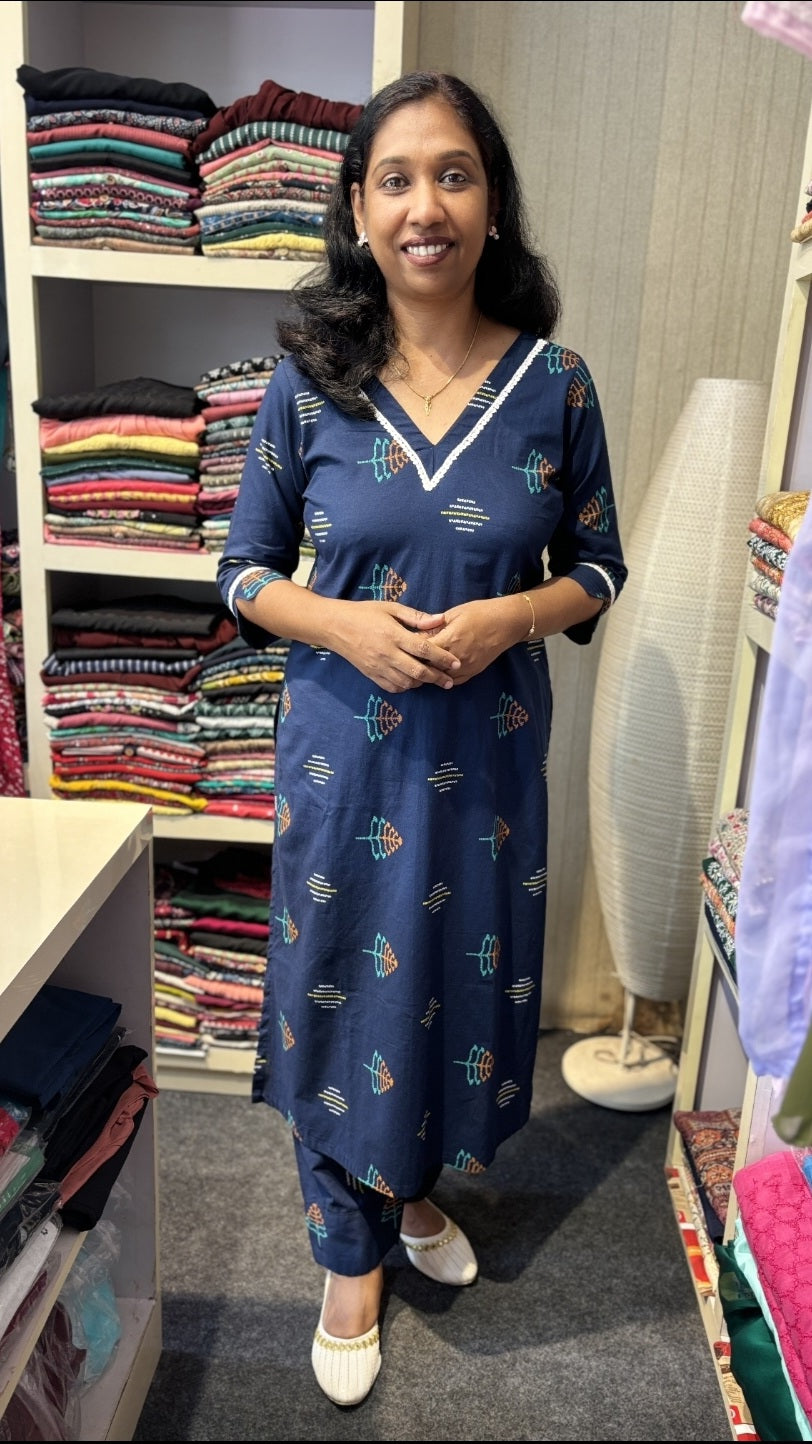 Navy Blue Cotton Co-Ord kurti Set for Women – Printed V-Neck Daily Wear with Matching Pants
