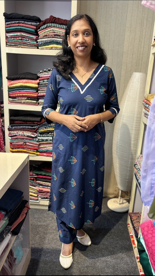 Navy Blue Cotton Co-Ord kurti Set for Women – Printed V-Neck Daily Wear with Matching Pants