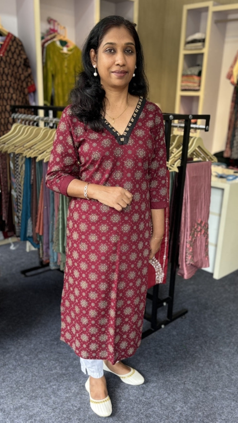 Maroon Printed Slited Kurti with Black Neck Detailing