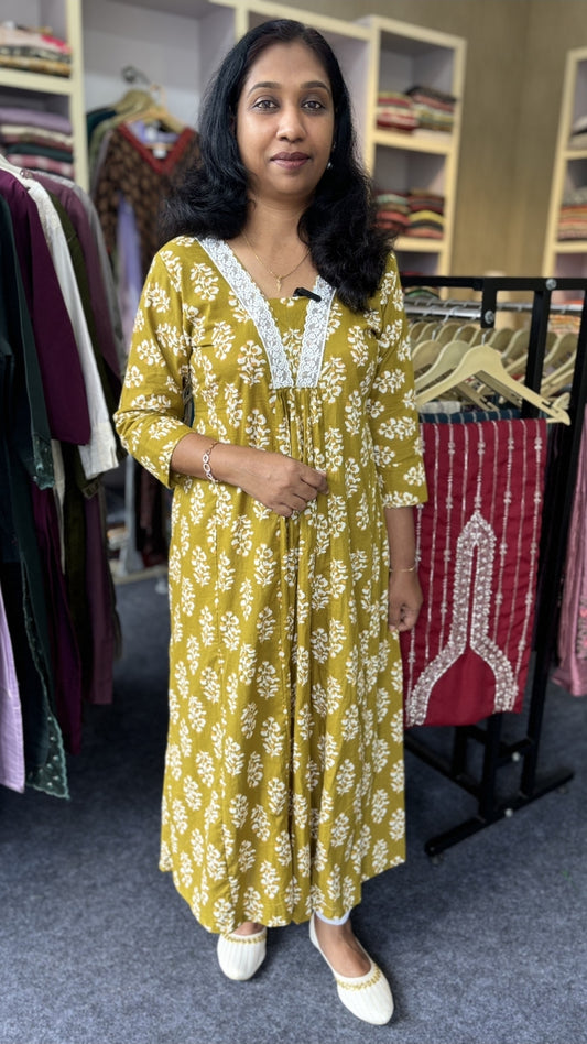 Mustard Yellow Floral Aline Kurti with Lace Neckline – Elegant & Breezy