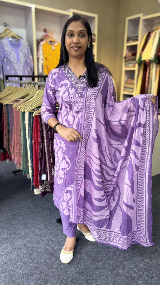 Violet Cotton Slitted Churidar Set with Printed Dupatta