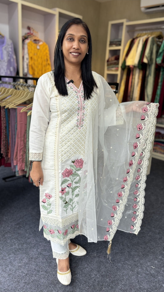 White Cotton Churidar with Floral Embroidery & Net Dupatta