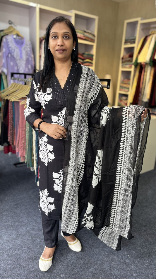 Black Cotton Slited Kurti Set with White Floral Prints & Matching Dupatta