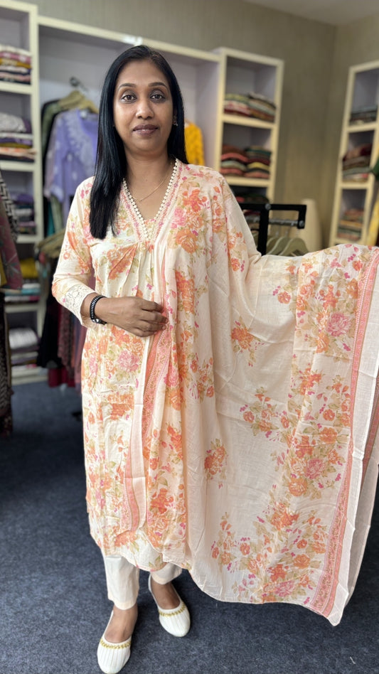 Peach Blossom Floral Cotton  Kurti Set with Soft Dupatta