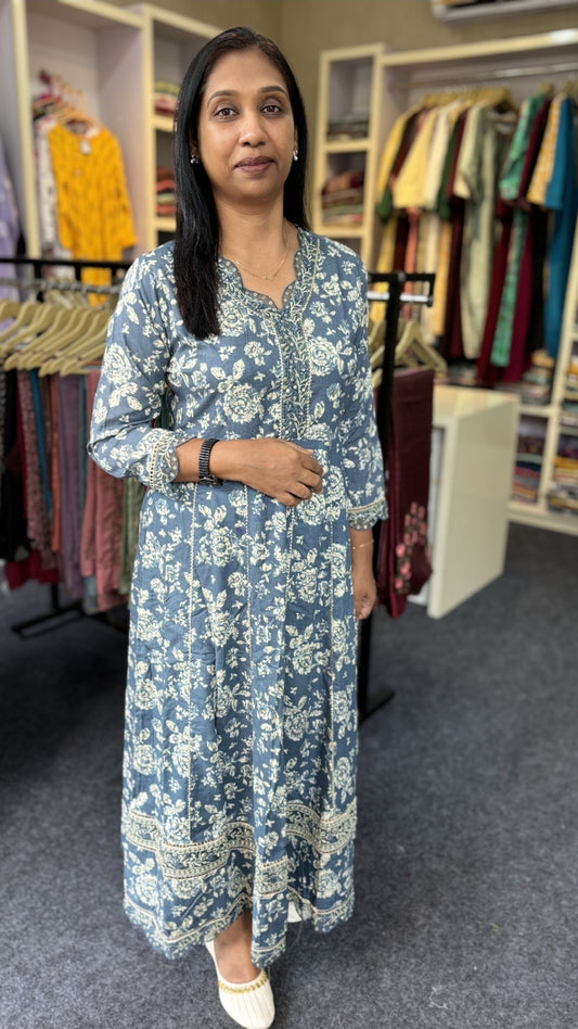 Bluish Ash Grace – Cotton Anarkali Kurti with Floral Block Print