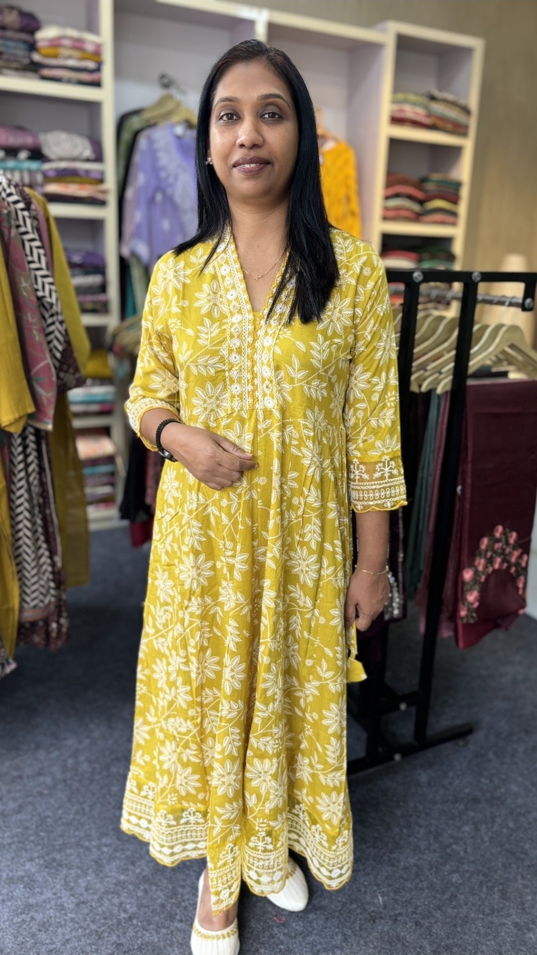 Mustard yellow – Cotton Panel-Cut Anarkali Kurti with White Floral Embroidery
