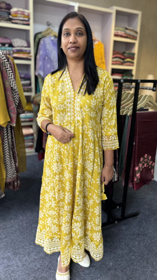 Mustard yellow – Cotton Panel-Cut Anarkali Kurti with White Floral Embroidery