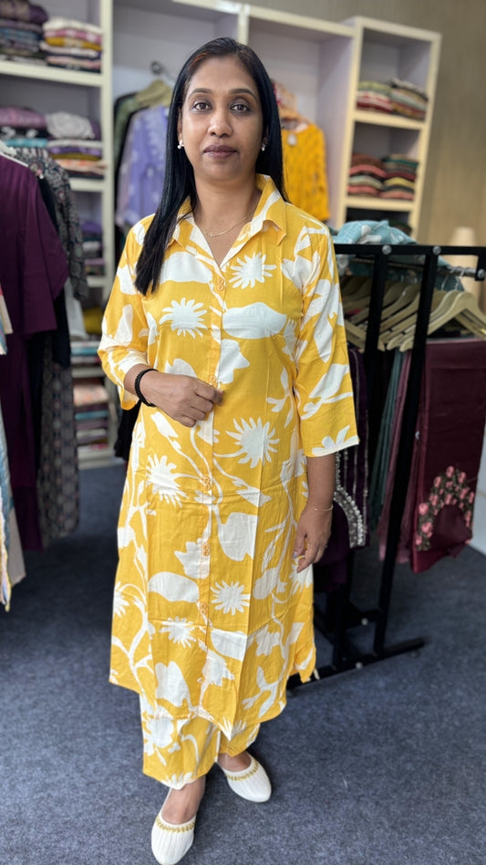 Sunshine Bloom – Mustard Yellow Cotton Co-ord Set with Bold White Floral Print