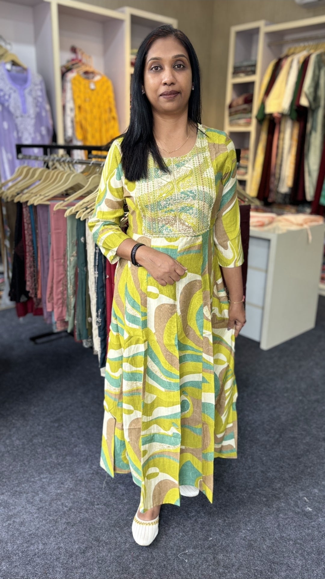 Lime Wave Vatican Silk Anarkali Kurti – Panel Cut & Abstract Print
