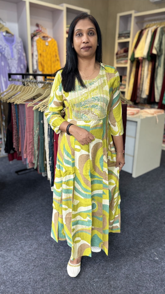 Lime Wave Vatican Silk Anarkali Kurti – Panel Cut & Abstract Print