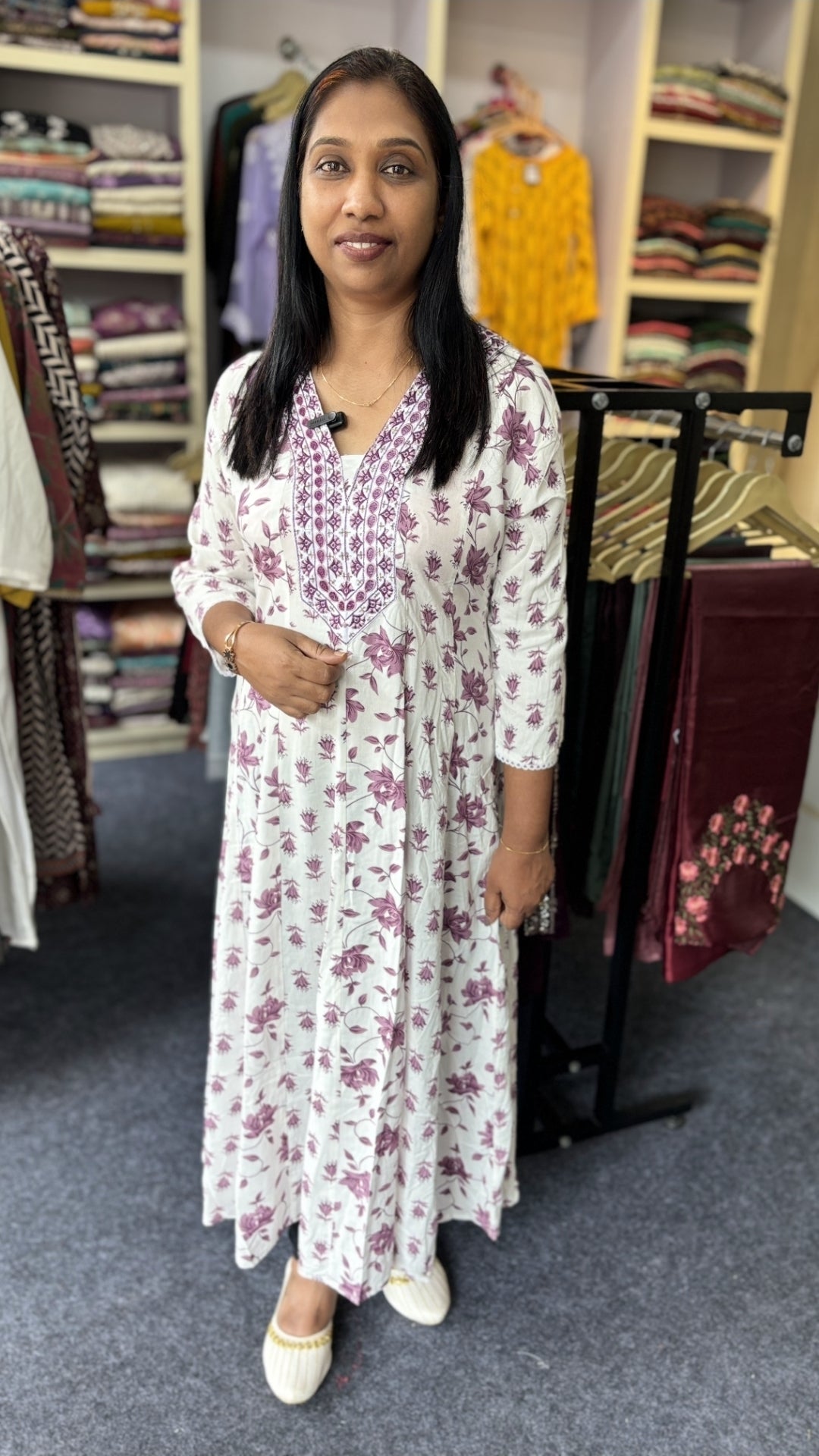 White Anarkali Kurti – violet Floral Print