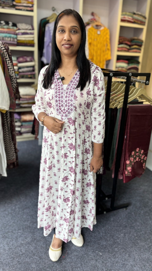 White Anarkali Kurti – violet Floral Print