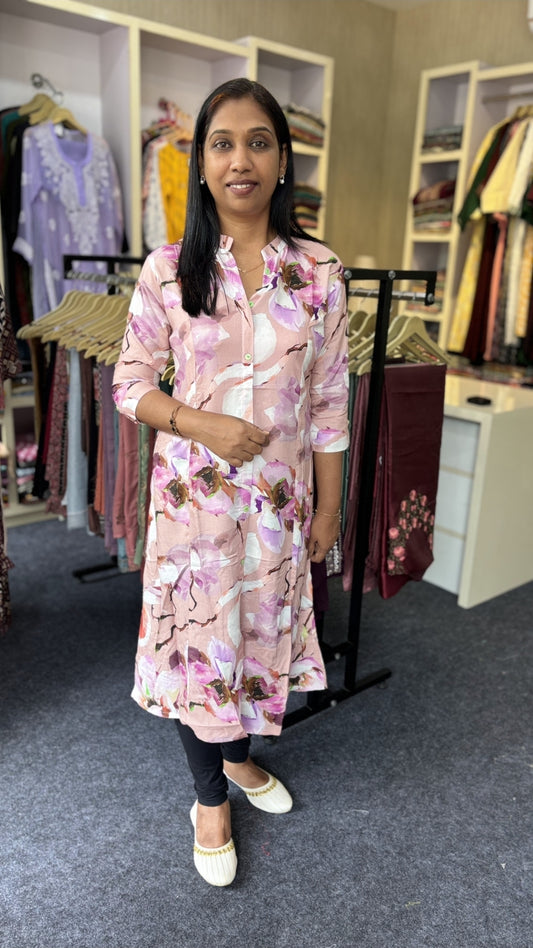 Blush Bloom A-Line Cotton Kurti – Floral Elegance