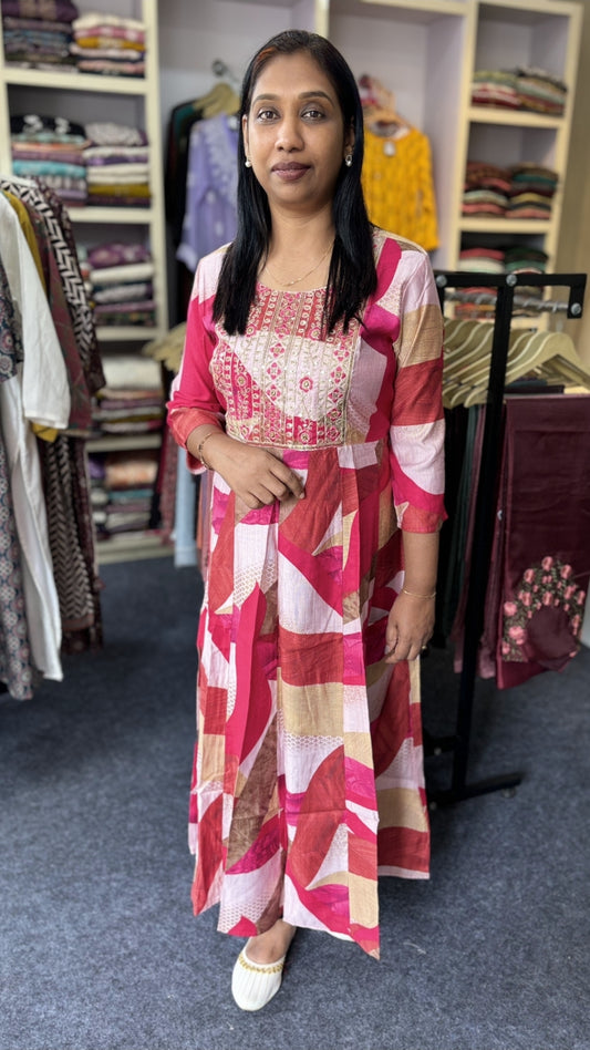 Vatican Silk Anarkali – Pink & Beige Geometric Elegance