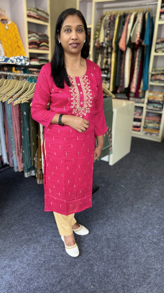 Vijithra Silk Rani Pink Semi-Party Wear Kurti with Neck & Bhuta Work