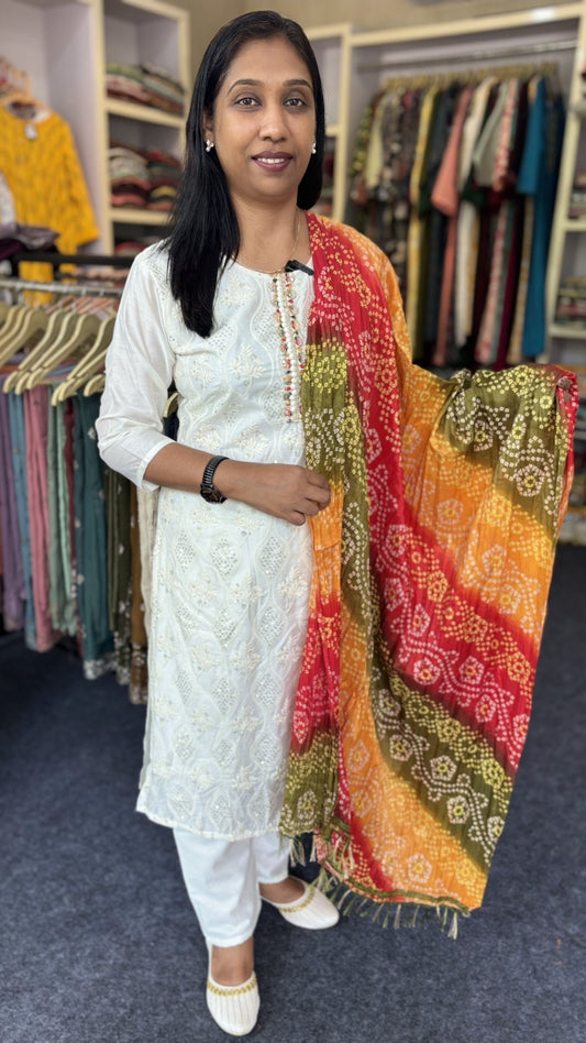 White Embroidered Kurti with Sequin Work, Lining & Pants