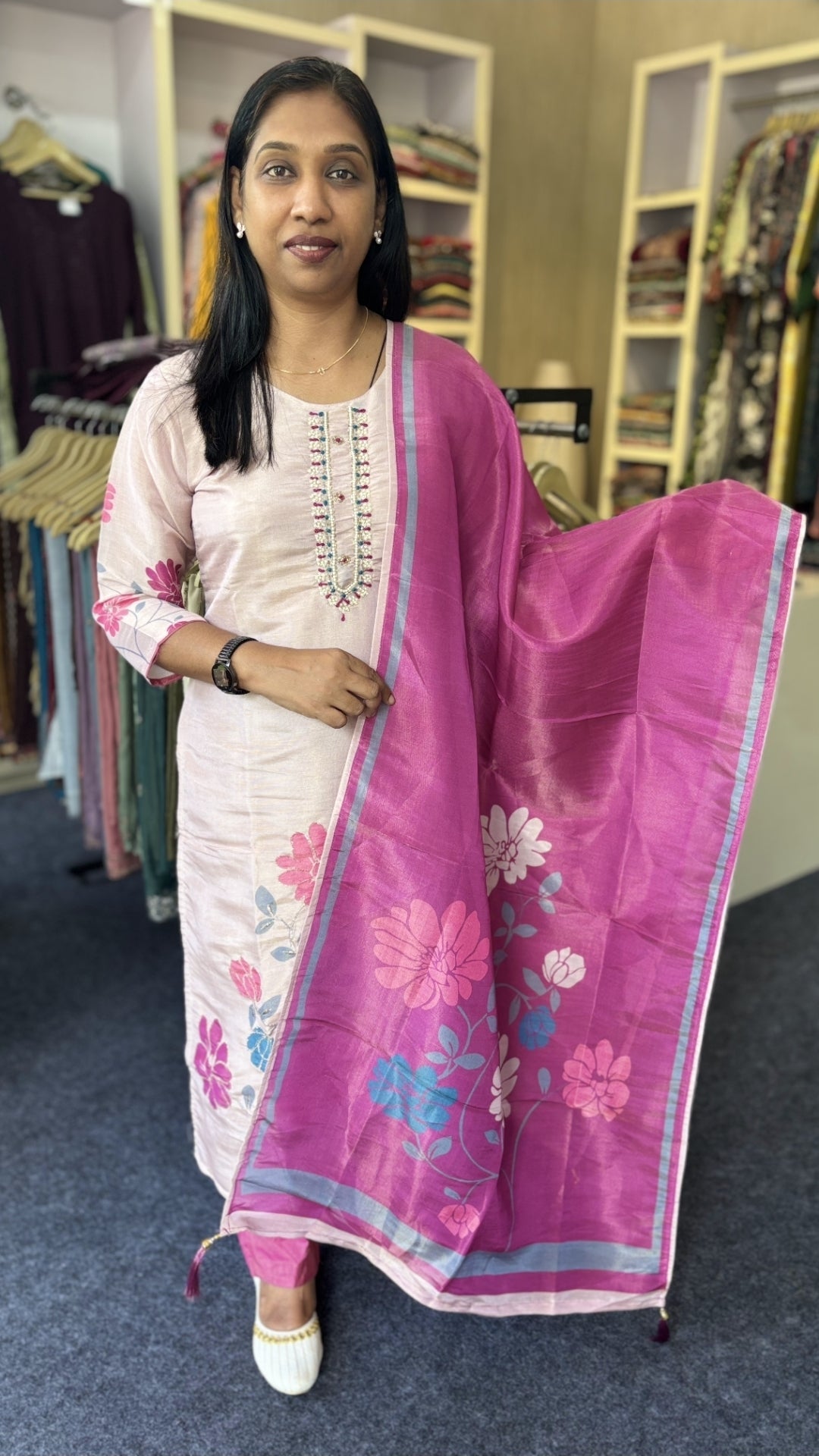 Soft Tissue Churidar Set with Floral Dupatta & Lining