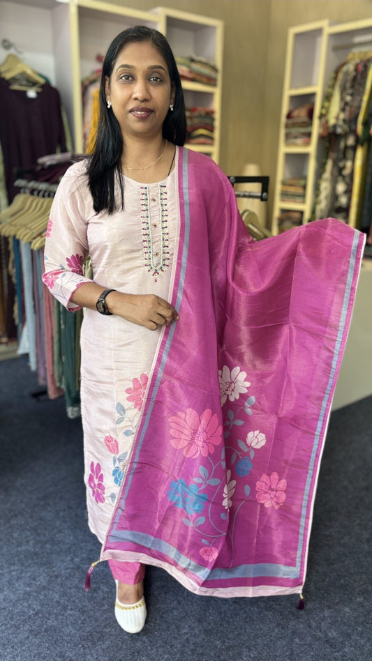 Soft Tissue Churidar Set with Floral Dupatta & Lining