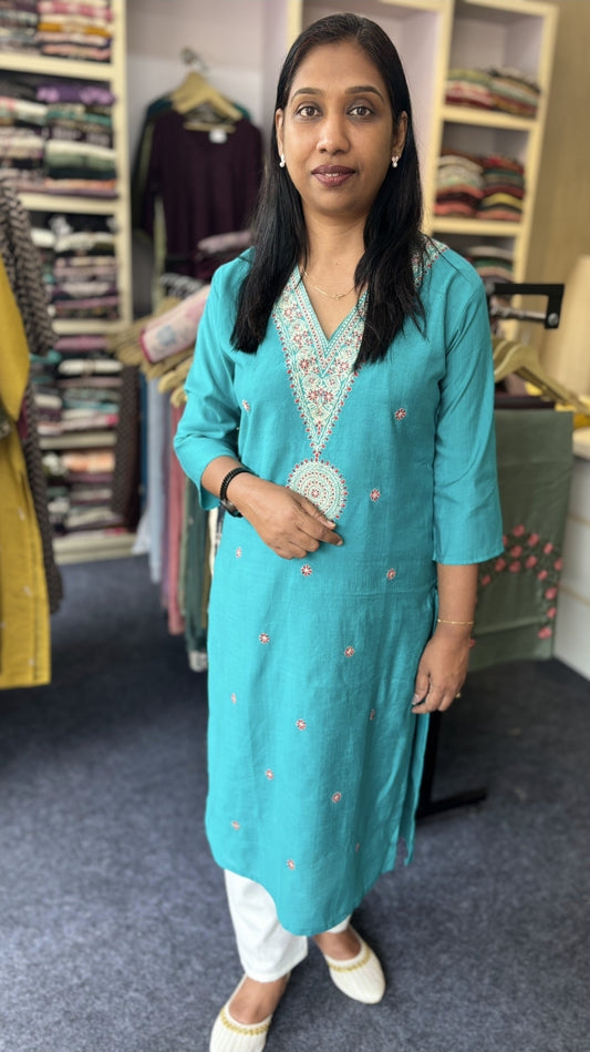 Elegant Peacock Blue Kurti with Lining & Embroidery