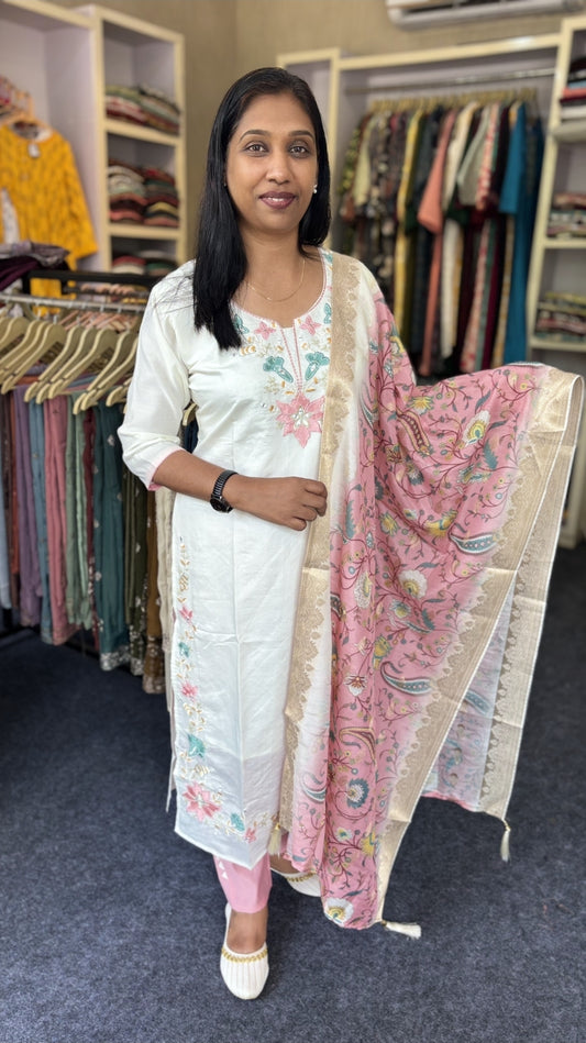 Elegant Silk Churidar Set with Embroidered Detailing