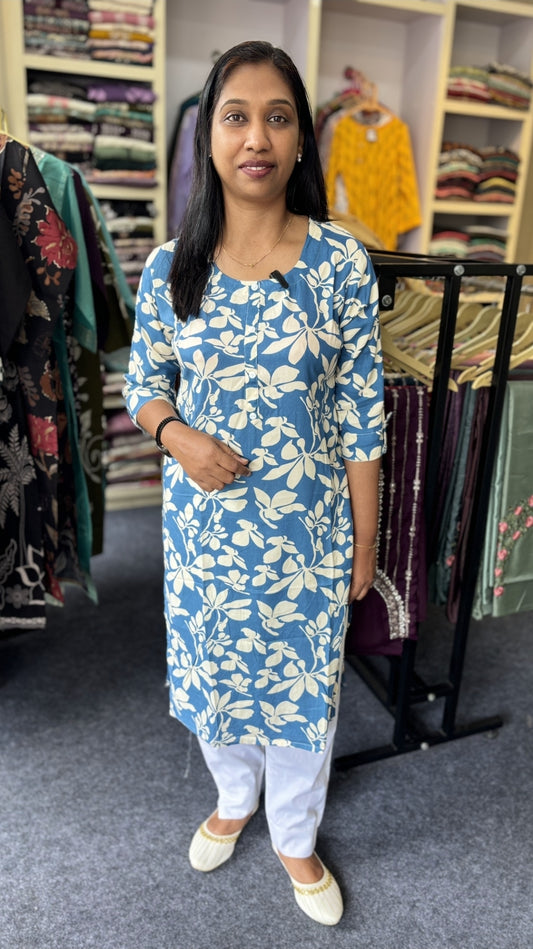 Blue Leaf Print Cotton Kurti – Everyday Comfort