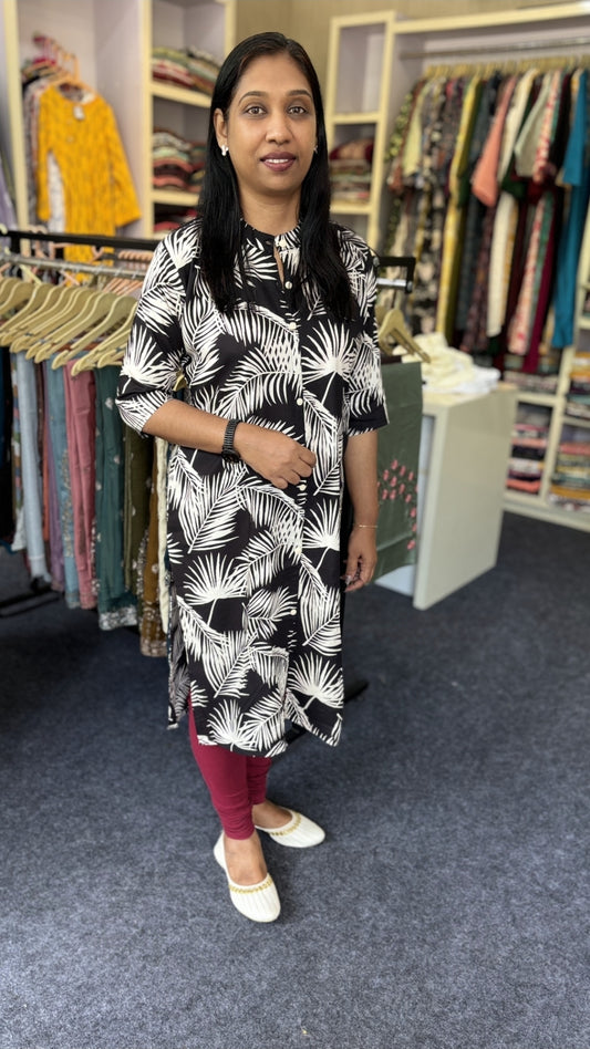 Black Cotton Kurti with White Leaf Design – Effortless Style