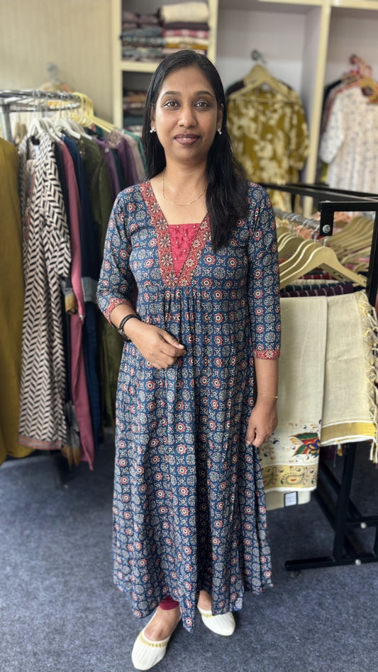 Maanvi In-House Ajrakh A-Line Kurti with Mirror Work – Handcrafted Elegance
