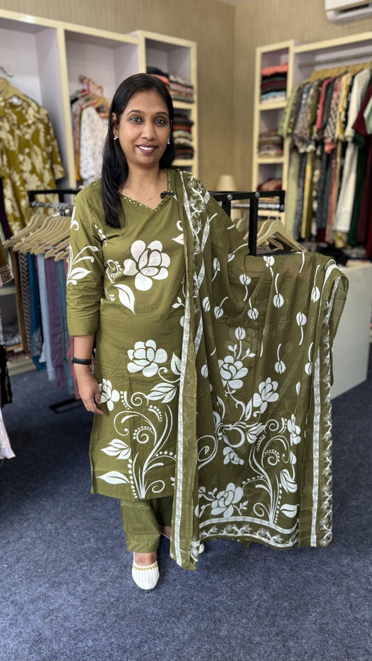 Cotton Churidhar Set with Hand Embroidery & Mul Mul Dupatta – Olive Green