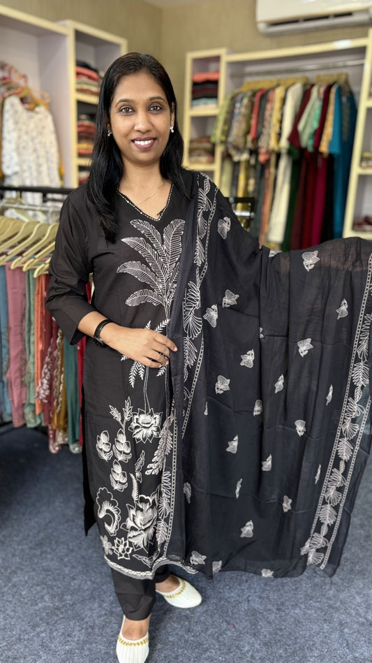 Black Cotton Churidhar Set with White Floral Print & Dupatta
