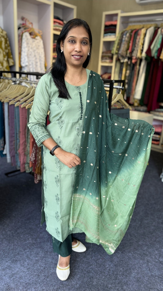 Pastel Green Embroidered Cotton Churidhar Set with Shaded Dupatta