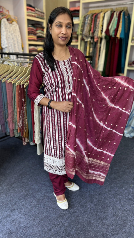 Maroon Cotton Churidhar Set with White Embroidery & Bandhani Dupatta