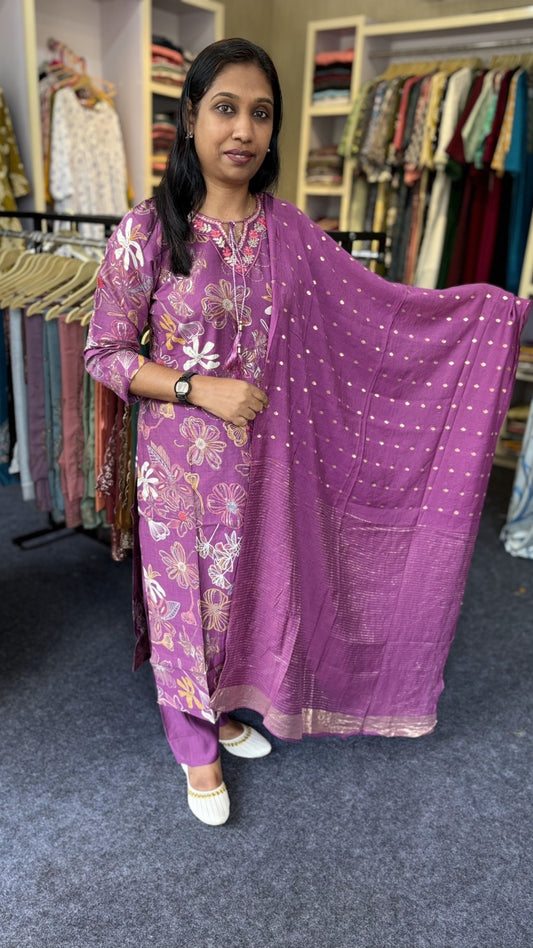 Purple Floral Print Churidhar Set with Silk Dupatta