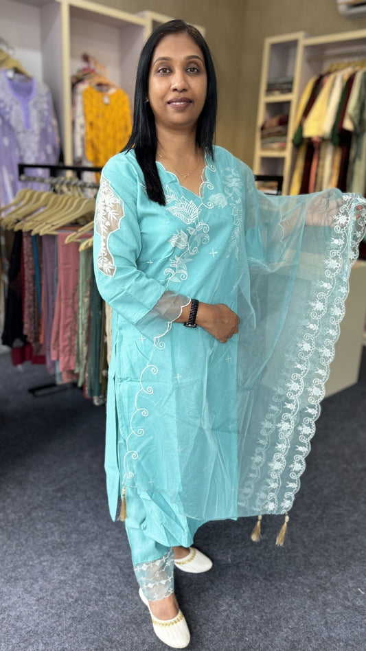 Aqua Blue Churidhar Set with Organza Dupatta & Floral Embroidery