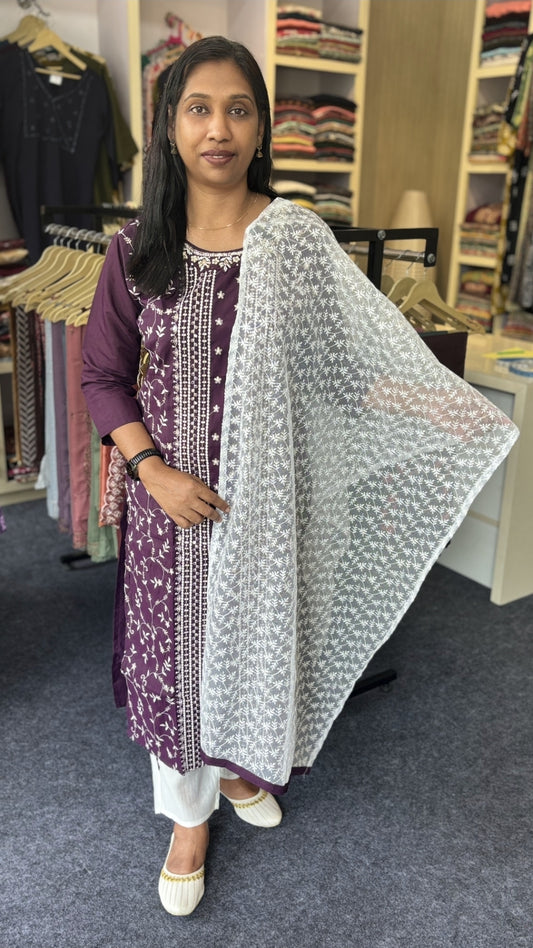Plum Purple Churidhar Set with White Embroidery & Sheer Dupatta