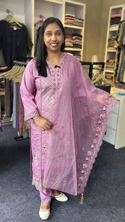Lavender Pink Silk Churidhar Set with Embroidered Organza Dupatta