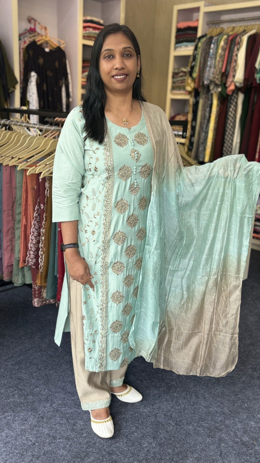 Sea Green Silk Churidhar Set with Golden Beige Dupatta